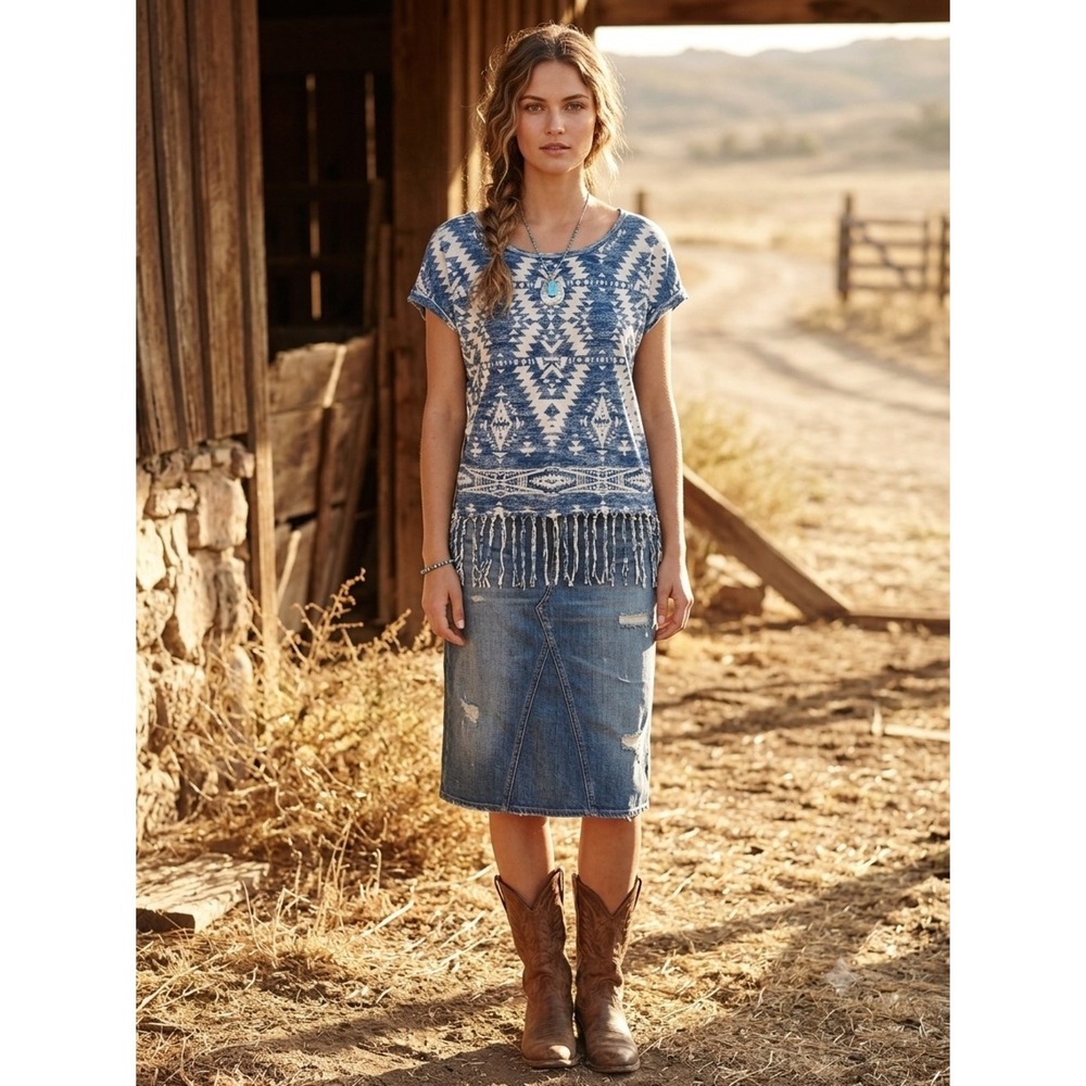 Denim & Supply Ralph Lauren Blue Aztec Southwest Fringe Tee M Boho Coastal